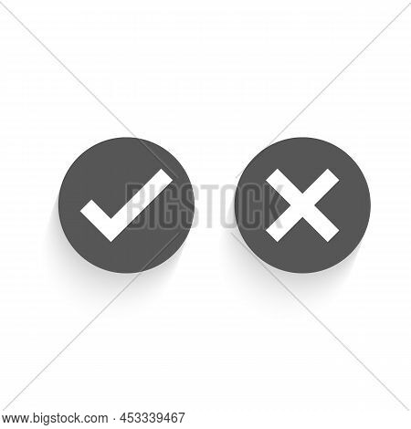Tick And Cross Black Signs. Gray Checkmark Ok And Red X Icons, Isolated On White Background. Simple 