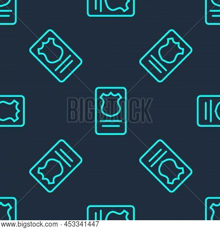 Green Line Police Badge With Id Case Icon Isolated Seamless Pattern On Blue Background. Vector