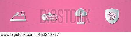 Set Paper Cut Wood Plane Tool, Wooden Logs, Tree And Icon. Paper Art Style. Vector