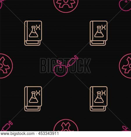 Set Line Biohazard Symbol, Genetic Engineering Book And Genetically Modified Apple On Seamless Patte