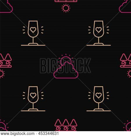 Set Line Drying Grapes, Wine Glass And Sun And Cloud Weather On Seamless Pattern. Vector