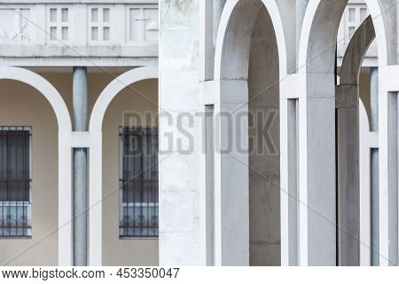 Tresigallo,italy-may 2, 2021:detail Of The Porch In Tresigallo During A Cloudy Day