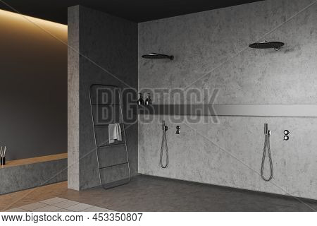 Dark Bathroom Interior With Double Shower And Deck With Accessories, Towel Rail Ladder, Carpet On Gr
