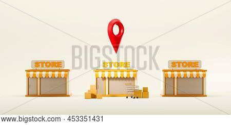 Small Business Store And Red Location Pin, Cart With Cardboard Boxes On Light Background. Concept Of