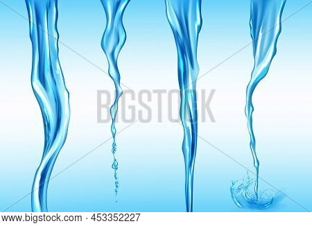 Water Streams Set, Isolated Flow Motion Of Pure Liquid With Drops And Splashes On Blue Background. D