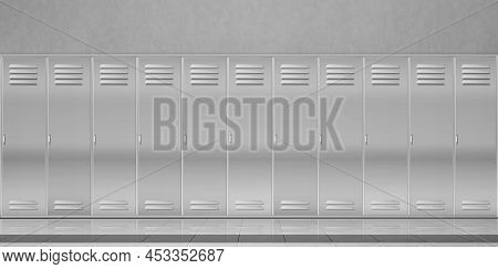 Steel Lockers In School Corridor Or Changing Room In Gym. Vector Realistic Interior With Individual 