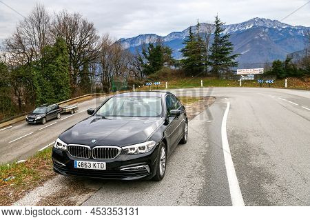 Auvergne-rhone-alpes, France - March 9, 2019: Luxury Saloon Car Bmw 520d (g30) At The Twisting Mount