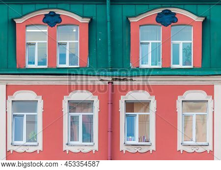 Several Windows In A Row On The Facade Of The Urban Historic Apartment Building Front View, Saint Pe