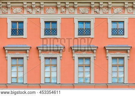 Several Windows In A Row On The Facade Of The Urban Historic Apartment Building Front View, Saint Pe