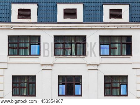 Several Windows In A Row On The Facade Of The Modern Urban Apartment Building Front View, Krasnaya P
