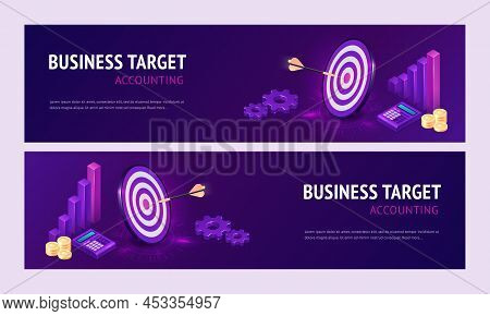 Business Target Accounting Isometric Landing Page. Dart Boards With Arrows In Bullseye, Calculator A