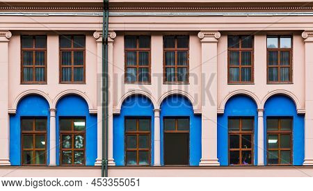 Many Windows In A Row On The Facade Of The Modern Urban Apartment Building Front View, Krasnaya Poly