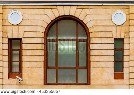 Three Windows In A Row On The Facade Of The Modern Urban Apartment Building Front View, Krasnaya Pol