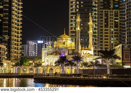Mohammad Bin Ahmed Al Mulla Mosque In Dubai Marina At Night, Dubai, United Arab Emirates