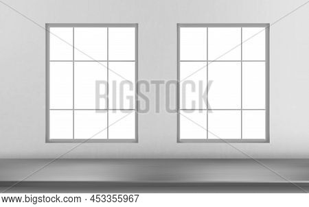 Steel Table Surface Front Of Windows On White Wall Background. Kitchen Or Cafe Interior With Stainle