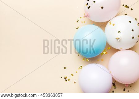 Background With Fastive Air Balloons Of Round Shape And Confetti, Multicoloured Top View. Birthday P