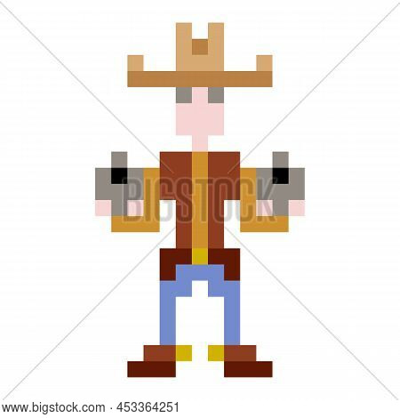 Pixel Art Cowboy Holding A Gun. Gunslinger Vector Illustration