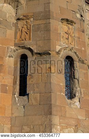 Close View Of Bas-relief At The Exterior Facade Of Ancient Jvari Monastery. Georgia
