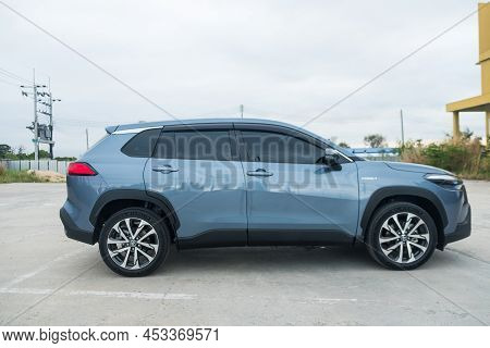 Bangkok, Thailand - April 23, 2022 : Toyota Corolla Cross Car With 1.8 Litre Hybrid Engine, Celestit