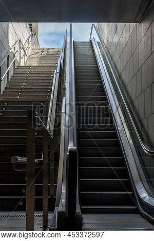 Exit Stairs And Escalators To The Outside At A Subway Station In Palma De Mallorca, Spain