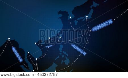 Abstract Blue Background Of Sea Asia Shipping Cargo Trade Route With World Map