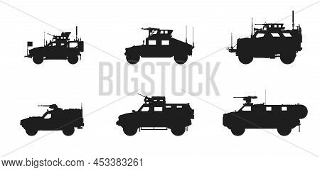 Armored Assault Vehicle Icon Set. Weapon And Army Symbols. Vector Image For Military Web Design