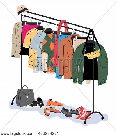 Clothes And Accessories Hanging On Hanger. Home Or Shop Wardrobe. Clothes And Accessories. Various H