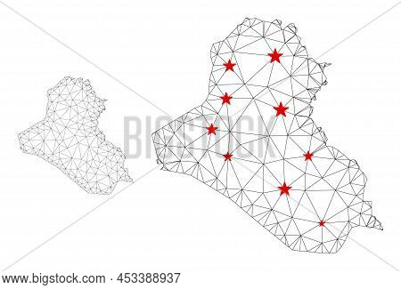 Polygonal Mesh Iraq Map With Red Star Centers. Abstract Network Connected Lines And Stars Form Iraq 