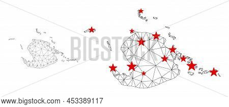 Polygonal Mesh Juventud Island Map With Red Star Centers. Abstract Network Connected Lines And Stars