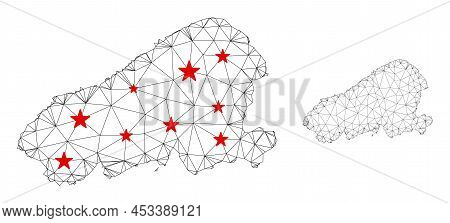 Polygonal Mesh Kahoolawe Island Map With Red Star Centers. Abstract Mesh Connected Lines And Stars F