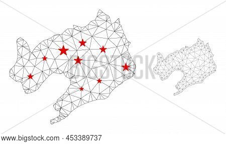 Polygonal Mesh Liaoning Province Map With Red Star Centers. Abstract Network Connected Lines And Sta