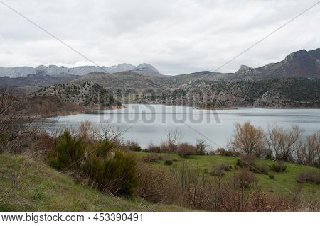Panoramic View Of The Mountains Around The Water Reservoir At Caldas De Luna, Between Asturias And L