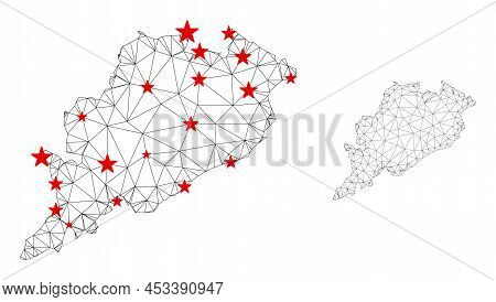 Polygonal Mesh Odisha State Map With Red Star Centers. Abstract Network Connected Lines And Stars Fo