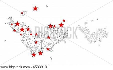 Polygonal Mesh Saint Barthelemy Map With Red Star Centers. Abstract Mesh Connected Lines And Stars F
