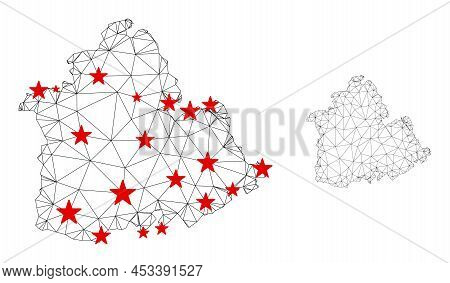 Polygonal Mesh Sevilla Province Map With Red Star Centers. Abstract Network Connected Lines And Star