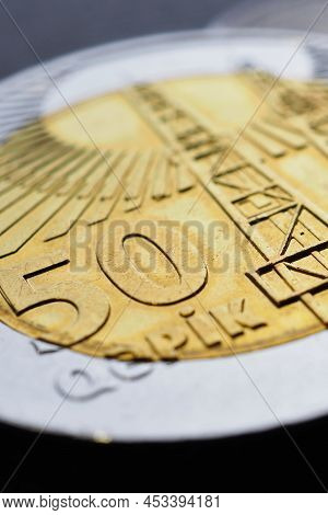 Azerbaijani Coin Of 50 Qepiks Close-up. Money Of Azerbaijan. News About Economy Or Finance. Loan And