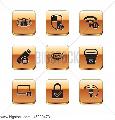 Set Cyber Security, Laptop And Lock, Lock Check Mark, Computer Api Interface, Usb Flash Drive With A