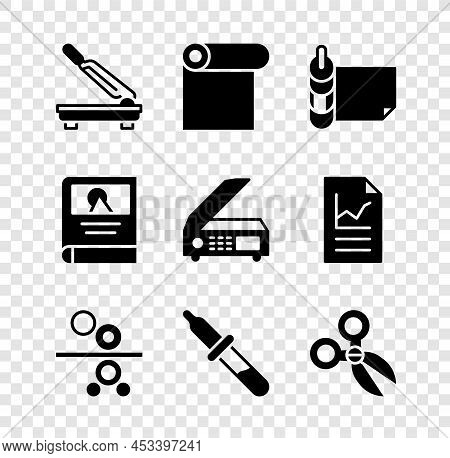 Set Paper Cutter, Roll Of Paper, Roll Printing Press, Pipette, Scissors, Photo Album Gallery And Sca