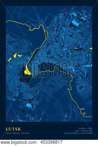 City Lutsk Volyn Oblast Ukraine Vector Poster Highly Detailed Map In National Yellow Blue Flag Color