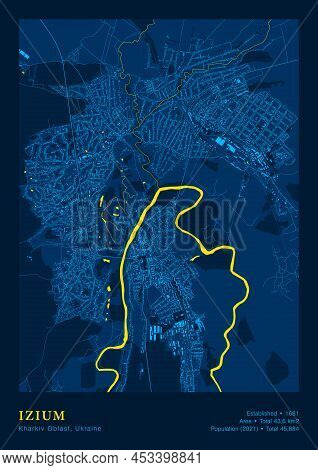 Town Izium Ukraine Kharkiv Oblast Vector Poster Highly Detailed Map In Patriotic National Yellow Blu