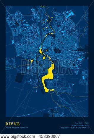 City Rivne Ukraine Vector Poster Highly Detailed Map In Patriotic National Yellow Blue Flag Colors. 