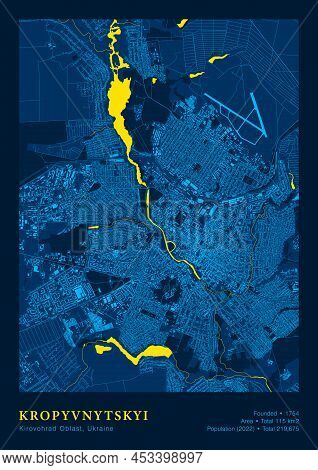 City Kropyvnytskyi Ukraine Vector Poster Highly Detailed Map In Patriotic National Yellow Blue Color