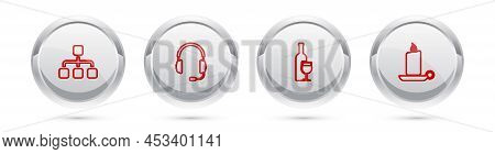 Set Line Hierarchy Organogram Chart, Headphones With Microphone, Wine Bottle Glass And Burning Candl
