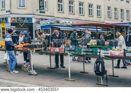 Trade Tents Of Vegetable Food City Market In Center Of Austrian Capital Vienna. Brunnenmarkt. Vienna