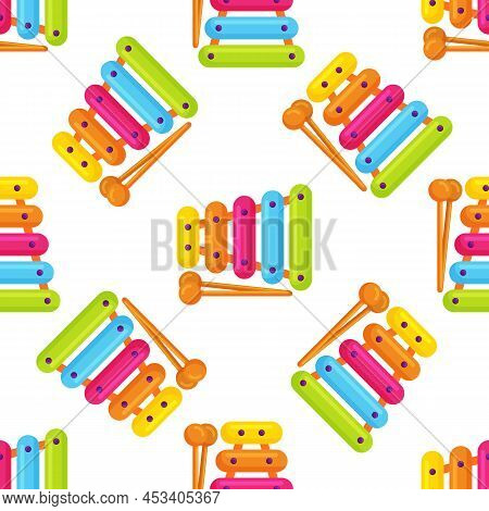 Kids Toy Xylophone Seamless Pattern, Multicolored Percussion Musical Instrument On Background
