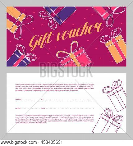 Gift Certificate Template With Hand Drawn Gift Boxes And Text. Design Concept For Gift Coupon, Invit