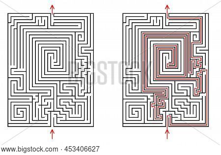 Vector Rectangular Labyrinth With Entry And Exit. Difficulty Level - Hard. Maze With Solution - Red 