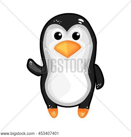 Penguin Isolated On White Background. Cute Baby Penguin Waving Hand. Cartoon Penguin Icon. Lovely An