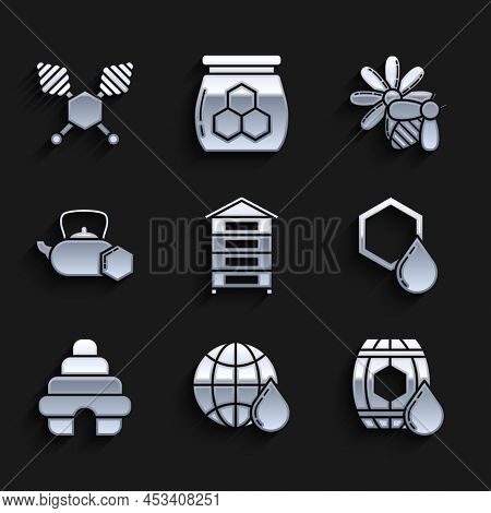 Set Hive For Bees, Honeycomb Map Of The World, Wooden Barrel With Honey, Tea Kettle, Bee And Flower 
