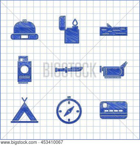 Set Camping Knife, Compass, Credit Card, Cinema Camera, Tourist Tent, Passport With Ticket, Wooden L
